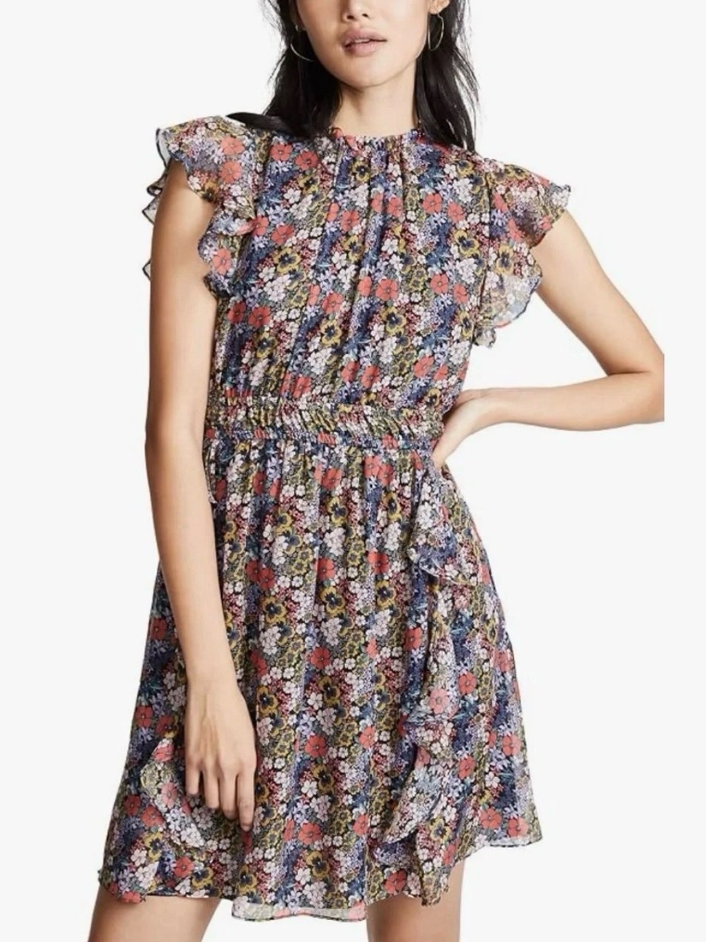 Shoshana Amora 100% Silk Chiffon Floral Ruffle Short Dress sz 4